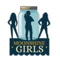 The silhouettes of three women in front of a mason jar with the words Moonshine Girls underneath.